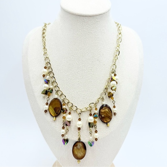 Vintage Gold and Brown Mother of Pearl Beaded Statement Necklace - Picture 1 of 7